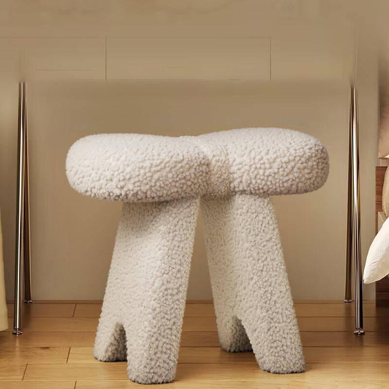 Contemporary Bow-Shaped Lambswool Vanity Stool in Solid Wood — Backless & Armless, Bedroom-Ready
