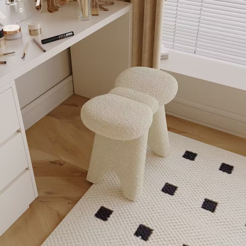 Contemporary Bow-Shaped Lambswool Vanity Stool in Solid Wood — Backless & Armless, Bedroom-Ready