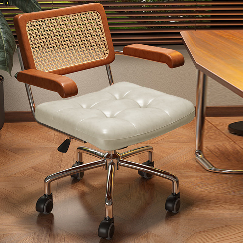 Modern Minimalist Rectangular Desk Chair with Rattan, Solid Wood & Steel Frame, Oil-Waxed Leather – Backrest & Armrests for Home Office