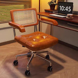 Modern Minimalist Rectangular Desk Chair with Rattan, Solid Wood & Steel Frame, Oil-Waxed Leather – Backrest & Armrests for Home Office