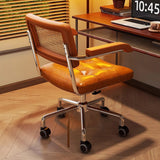 Modern Minimalist Rectangular Desk Chair with Rattan, Solid Wood & Steel Frame, Oil-Waxed Leather – Backrest & Armrests for Home Office