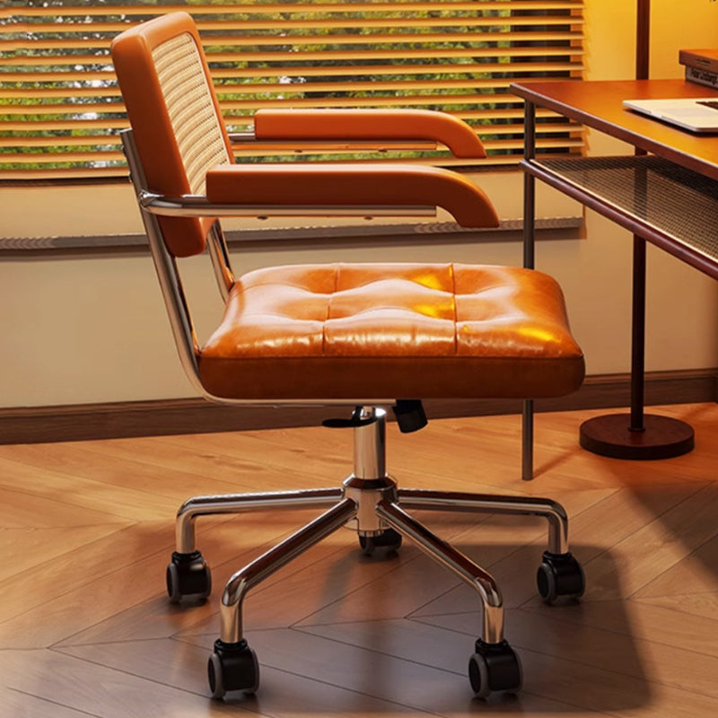Modern Minimalist Rectangular Desk Chair with Rattan, Solid Wood & Steel Frame, Oil-Waxed Leather – Backrest & Armrests for Home Office