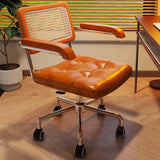 Modern Minimalist Rectangular Desk Chair with Rattan, Solid Wood & Steel Frame, Oil-Waxed Leather – Backrest & Armrests for Home Office