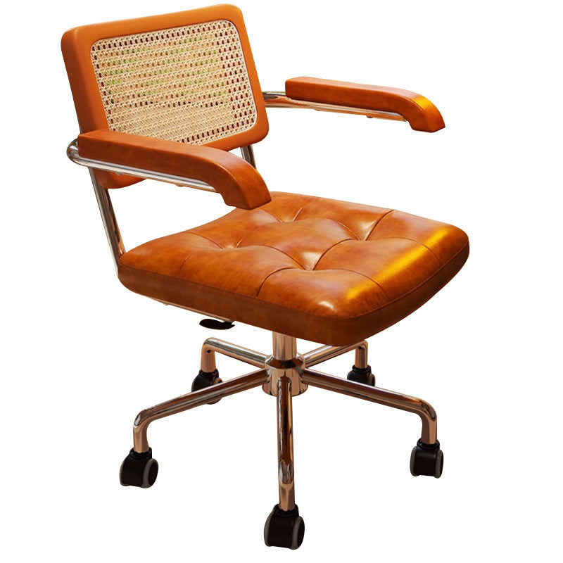 Modern Minimalist Rectangular Desk Chair with Rattan, Solid Wood & Steel Frame, Oil-Waxed Leather – Backrest & Armrests for Home Office