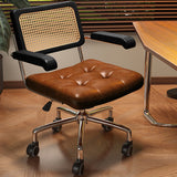 Modern Minimalist Rectangular Desk Chair with Rattan, Solid Wood & Steel Frame, Oil-Waxed Leather – Backrest & Armrests for Home Office
