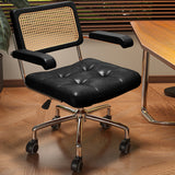 Modern Minimalist Rectangular Desk Chair with Rattan, Solid Wood & Steel Frame, Oil-Waxed Leather – Backrest & Armrests for Home Office