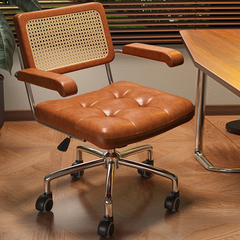 Modern Minimalist Rectangular Desk Chair with Rattan, Solid Wood & Steel Frame, Oil-Waxed Leather – Backrest & Armrests for Home Office