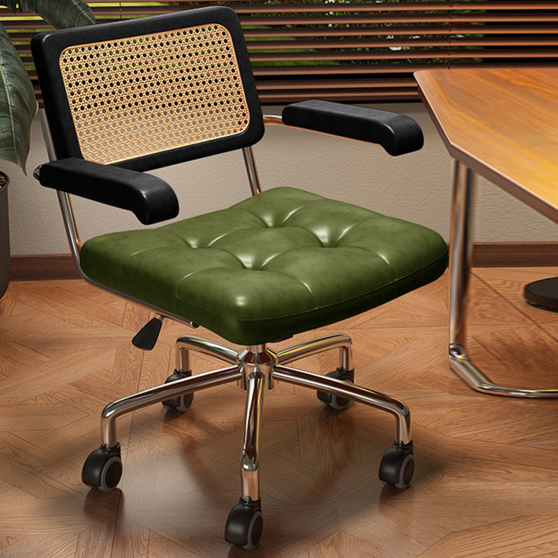 Modern Minimalist Rectangular Desk Chair with Rattan, Solid Wood & Steel Frame, Oil-Waxed Leather – Backrest & Armrests for Home Office