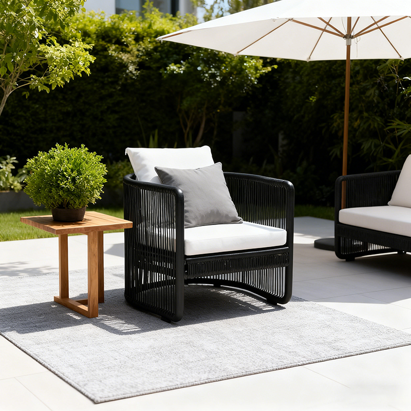Traditional Chinese Curved PE Rattan Outdoor Sofa with Aluminum Alloy Frame, Fabric Upholstery, Backrest and Armrests