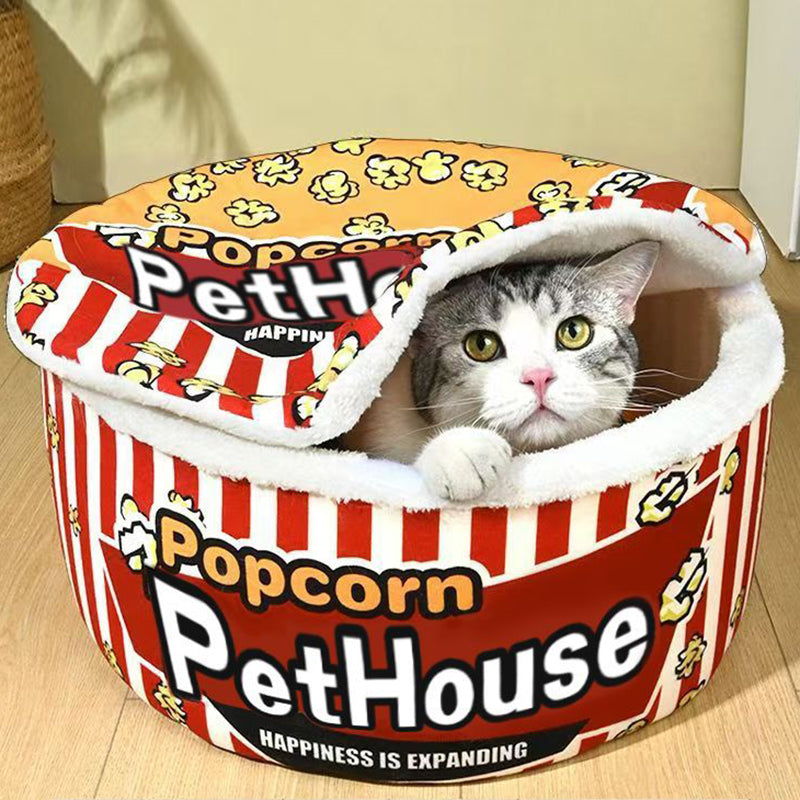 Contemporary Cylindrical Popcorn Bucket Pet Bed in Crystal Velvet and Arctic Velvet – Detachable Cat Bed for Bedroom