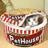 Contemporary Cylindrical Popcorn Bucket Pet Bed in Crystal Velvet and Arctic Velvet – Detachable Cat Bed for Bedroom