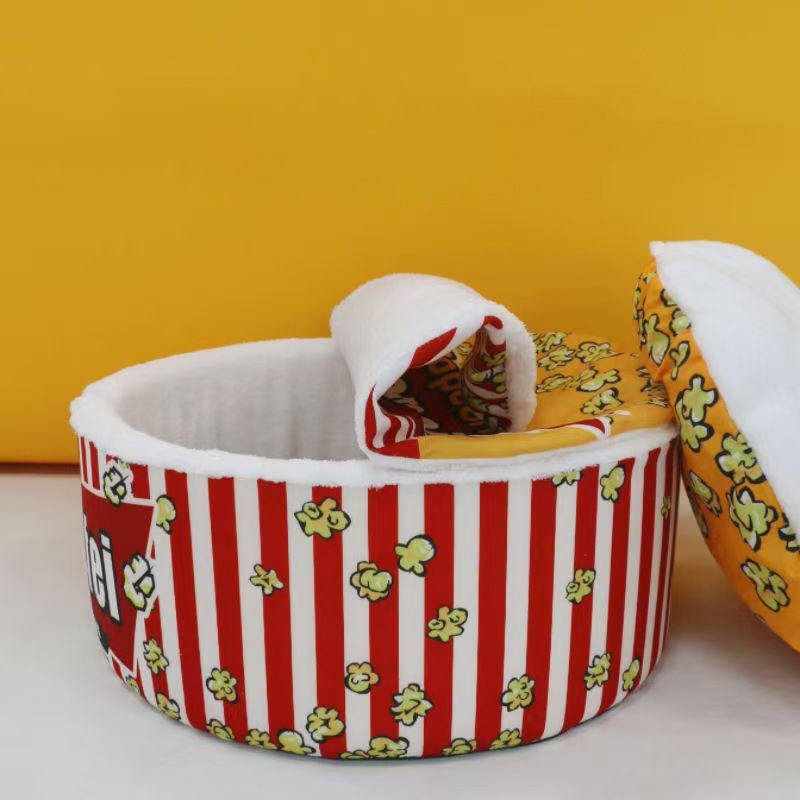 Contemporary Cylindrical Popcorn Bucket Pet Bed in Crystal Velvet and Arctic Velvet – Detachable Cat Bed for Bedroom