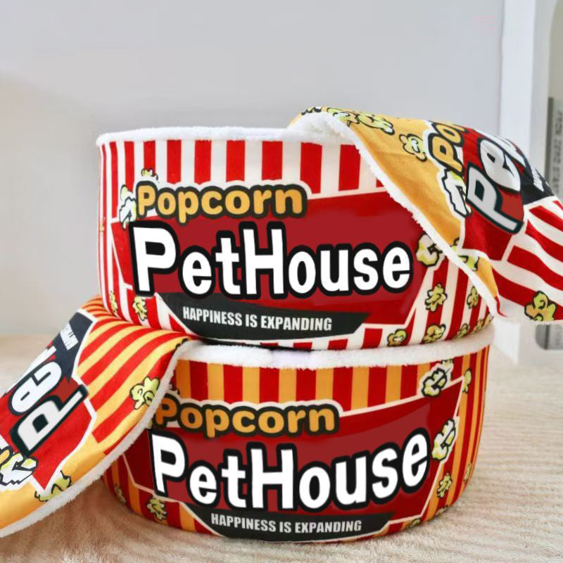 Contemporary Cylindrical Popcorn Bucket Pet Bed in Crystal Velvet and Arctic Velvet – Detachable Cat Bed for Bedroom