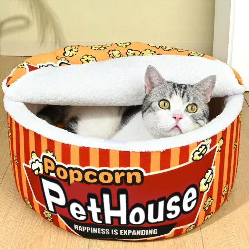 Contemporary Cylindrical Popcorn Bucket Pet Bed in Crystal Velvet and Arctic Velvet – Detachable Cat Bed for Bedroom