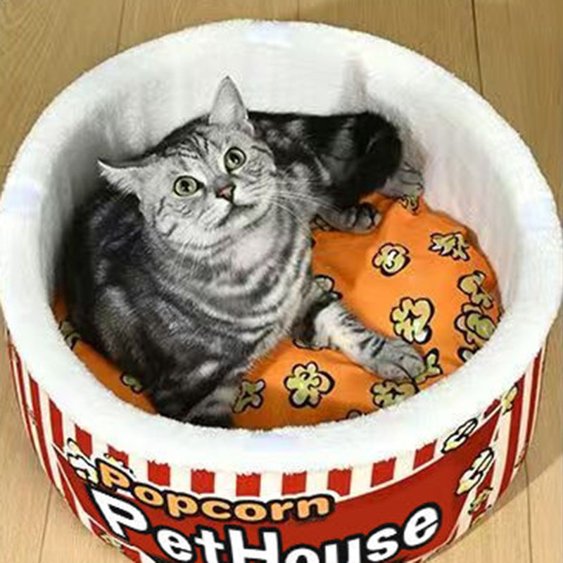 Contemporary Cylindrical Popcorn Bucket Pet Bed in Crystal Velvet and Arctic Velvet – Detachable Cat Bed for Bedroom