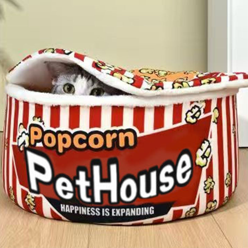 Contemporary Cylindrical Popcorn Bucket Pet Bed in Crystal Velvet and Arctic Velvet – Detachable Cat Bed for Bedroom