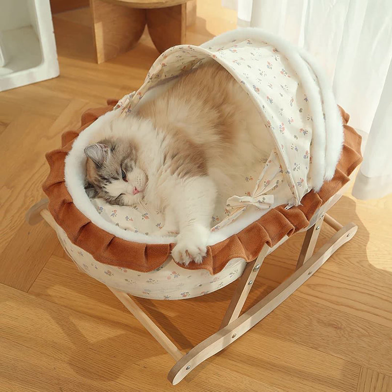 Traditional French Curved Rocking Cradle Sunshade – MDF Pet Bed for Cats with Fabric Cover, Bedroom-Ready