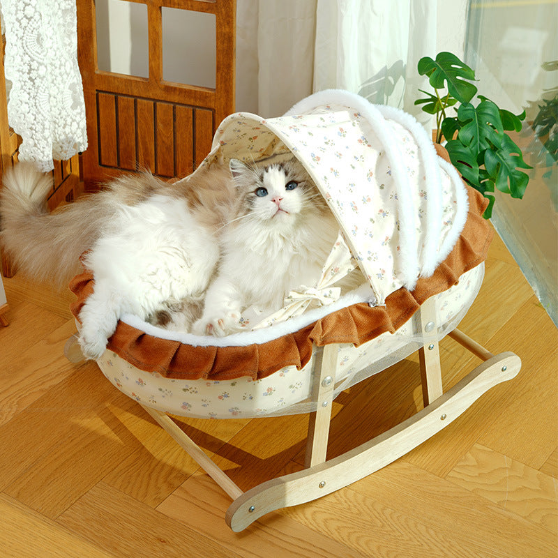 Traditional French Curved Rocking Cradle Sunshade – MDF Pet Bed for Cats with Fabric Cover, Bedroom-Ready