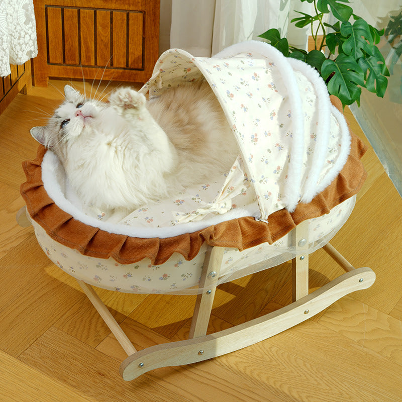 Traditional French Curved Rocking Cradle Sunshade – MDF Pet Bed for Cats with Fabric Cover, Bedroom-Ready