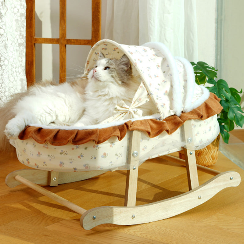 Traditional French Curved Rocking Cradle Sunshade – MDF Pet Bed for Cats with Fabric Cover, Bedroom-Ready