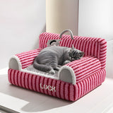 Cozy Modern Minimalist Rectangular Striped Fleece Pet Bed with Accent Chair-Style Backrest and Armrests for Living Room