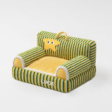 Cozy Modern Minimalist Rectangular Striped Fleece Pet Bed with Accent Chair-Style Backrest and Armrests for Living Room