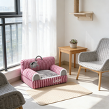 Cozy Modern Minimalist Rectangular Striped Fleece Pet Bed with Accent Chair-Style Backrest and Armrests for Living Room