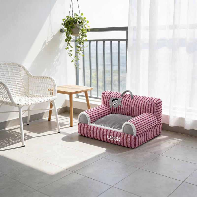 Cozy Modern Minimalist Rectangular Striped Fleece Pet Bed with Accent Chair-Style Backrest and Armrests for Living Room