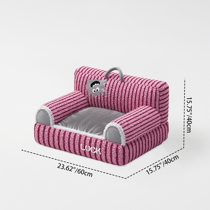 Cozy Modern Minimalist Rectangular Striped Fleece Pet Bed with Accent Chair-Style Backrest and Armrests for Living Room