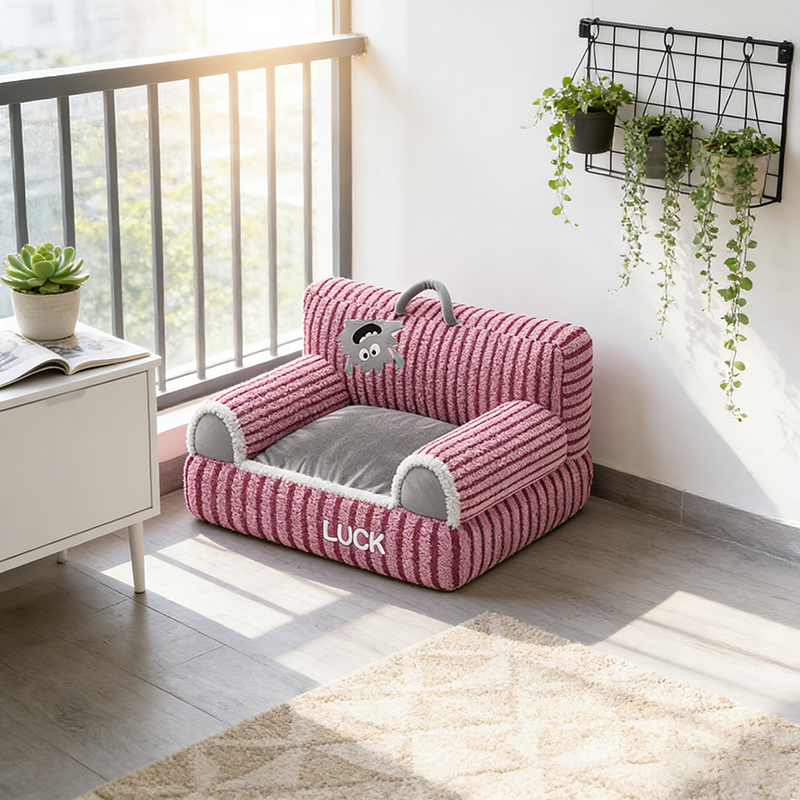 Cozy Modern Minimalist Rectangular Striped Fleece Pet Bed with Accent Chair-Style Backrest and Armrests for Living Room