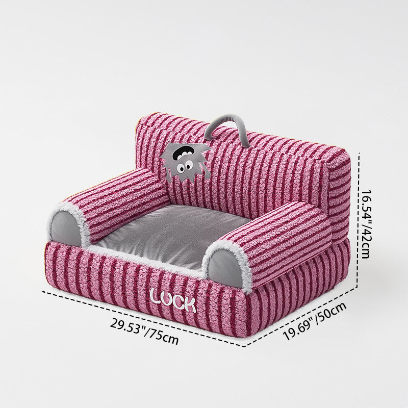 Cozy Modern Minimalist Rectangular Striped Fleece Pet Bed with Accent Chair-Style Backrest and Armrests for Living Room