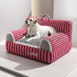 Cozy Modern Minimalist Rectangular Striped Fleece Pet Bed with Accent Chair-Style Backrest and Armrests for Living Room