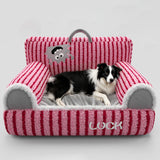 Cozy Modern Minimalist Rectangular Striped Fleece Pet Bed with Accent Chair-Style Backrest and Armrests for Living Room