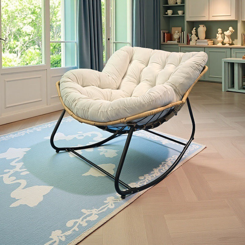 Modern Minimalist Curved Bird's Nest Rocking Chair - Armless with Carbon Steel Frame, Linen-Blend Tech Fabric & PE Rattan, for Living Room