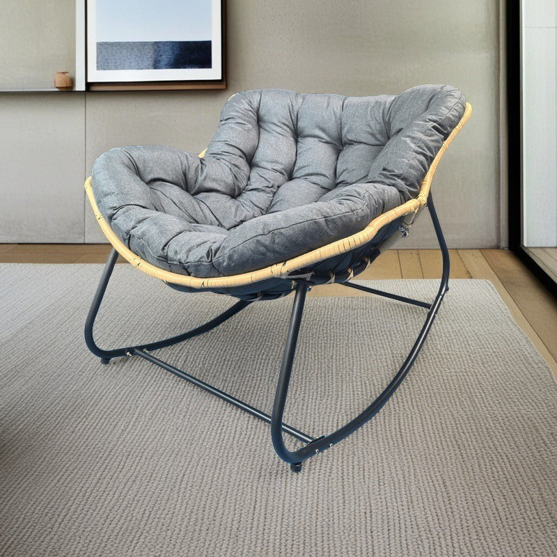 Modern Minimalist Curved Bird's Nest Rocking Chair - Armless with Carbon Steel Frame, Linen-Blend Tech Fabric & PE Rattan, for Living Room