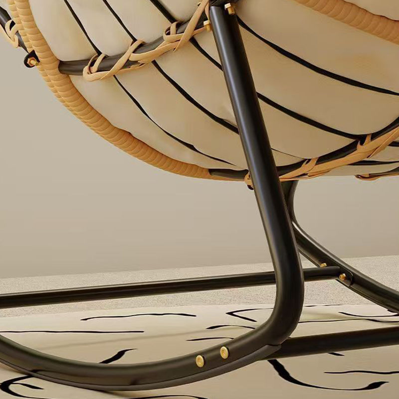 Modern Minimalist Curved Bird's Nest Rocking Chair - Armless with Carbon Steel Frame, Linen-Blend Tech Fabric & PE Rattan, for Living Room