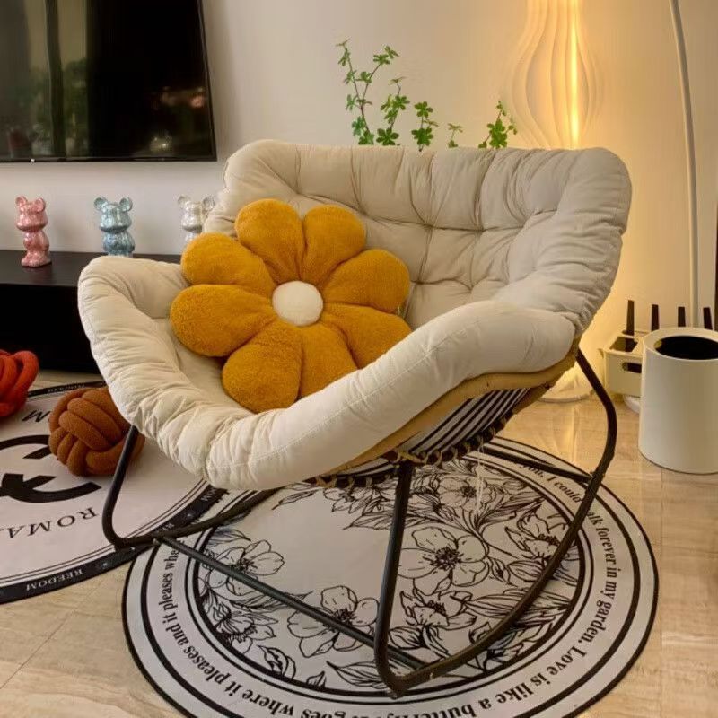 Modern Minimalist Curved Bird's Nest Rocking Chair - Armless with Carbon Steel Frame, Linen-Blend Tech Fabric & PE Rattan, for Living Room