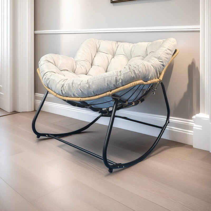 Modern Minimalist Curved Bird's Nest Rocking Chair - Armless with Carbon Steel Frame, Linen-Blend Tech Fabric & PE Rattan, for Living Room
