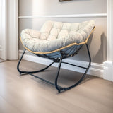 Modern Minimalist Curved Bird's Nest Rocking Chair - Armless with Carbon Steel Frame, Linen-Blend Tech Fabric & PE Rattan, for Living Room