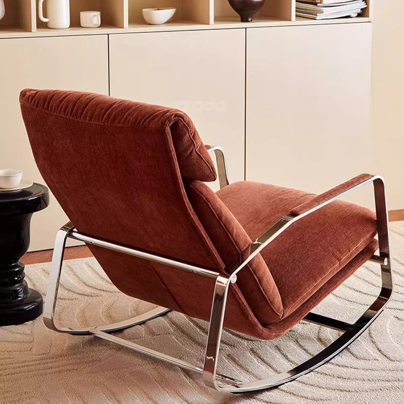 Modern Minimalist Chenille Fabric Rocking Chair with Curved Rectangular Design, Solid Wood & Multi-Layer Plywood Frame, Stainless Steel Accents, Backrest and Armrests for Living Room