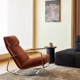 Modern Minimalist Chenille Fabric Rocking Chair with Curved Rectangular Design, Solid Wood & Multi-Layer Plywood Frame, Stainless Steel Accents, Backrest and Armrests for Living Room
