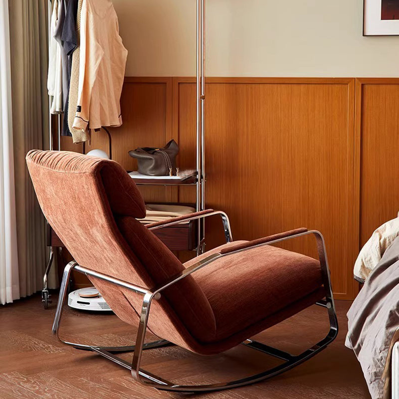 Modern Minimalist Chenille Fabric Rocking Chair with Curved Rectangular Design, Solid Wood & Multi-Layer Plywood Frame, Stainless Steel Accents, Backrest and Armrests for Living Room
