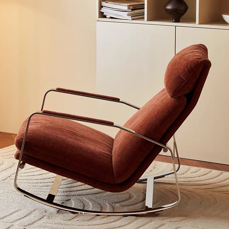 Modern Minimalist Chenille Fabric Rocking Chair with Curved Rectangular Design, Solid Wood & Multi-Layer Plywood Frame, Stainless Steel Accents, Backrest and Armrests for Living Room
