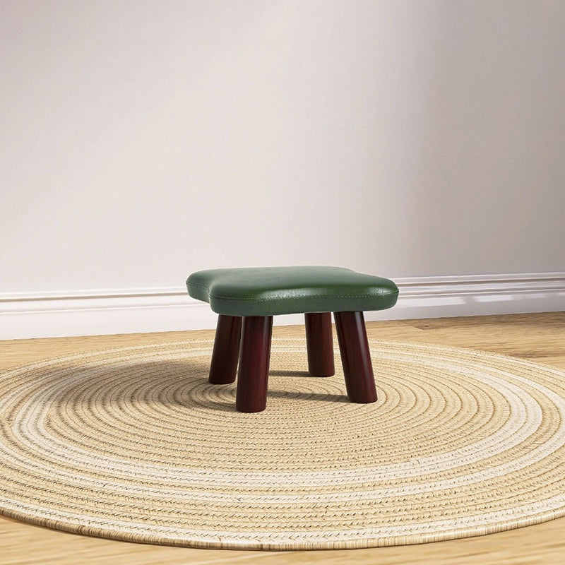 Contemporary Four-Leaf Clover Kids Stool — Solid Wood, Faux Oil-Waxed Leather, Low, Backless & Armless, Living Room Accent