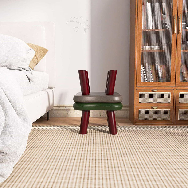 Contemporary Four-Leaf Clover Kids Stool — Solid Wood, Faux Oil-Waxed Leather, Low, Backless & Armless, Living Room Accent