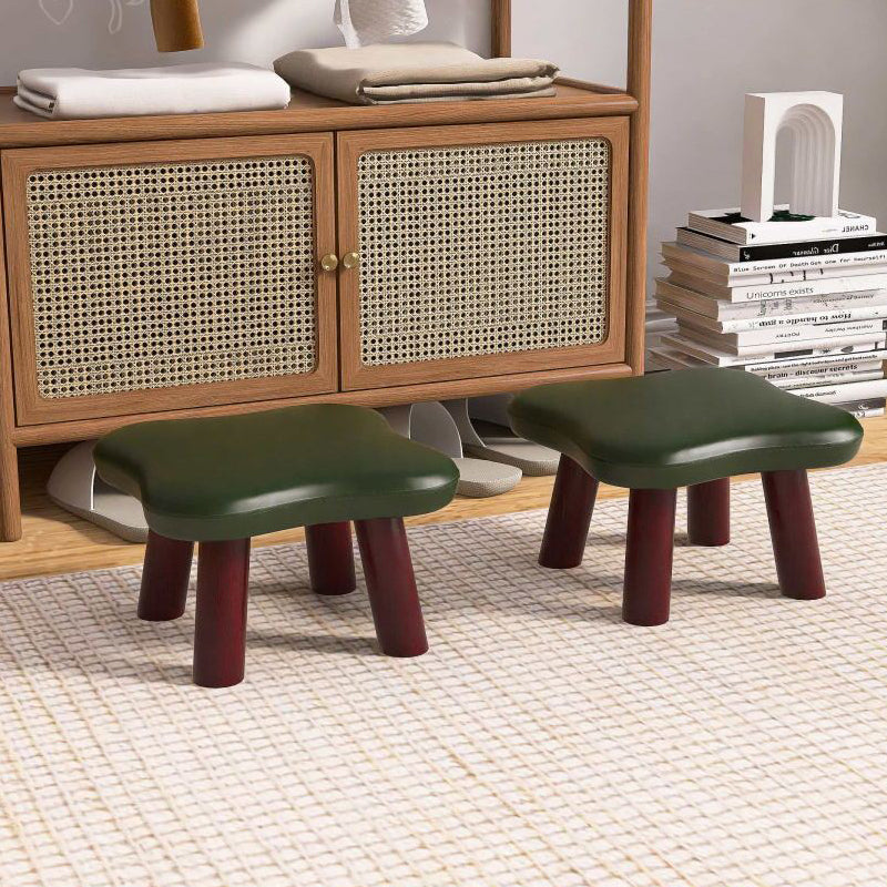 Contemporary Four-Leaf Clover Kids Stool — Solid Wood, Faux Oil-Waxed Leather, Low, Backless & Armless, Living Room Accent