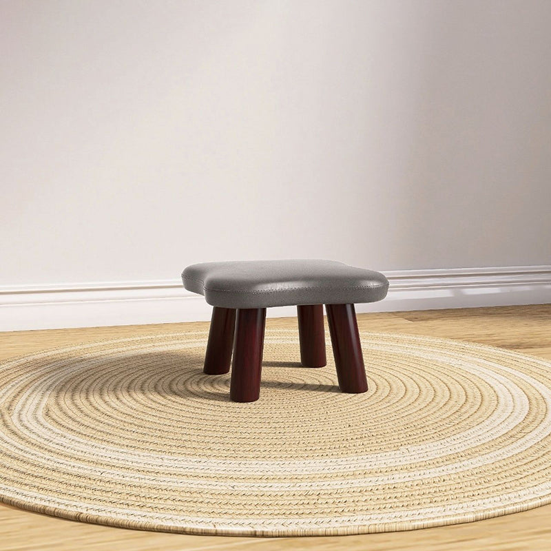 Contemporary Four-Leaf Clover Kids Stool — Solid Wood, Faux Oil-Waxed Leather, Low, Backless & Armless, Living Room Accent
