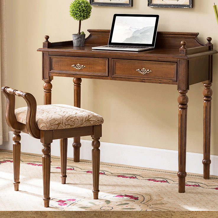 Classic Vintage Solid Wood Vanity Stool – Square Padded Seat with Patterned Upholstery and Low Back for the Bedroom