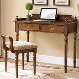 Classic Vintage Solid Wood Vanity Stool – Square Padded Seat with Patterned Upholstery and Low Back for the Bedroom