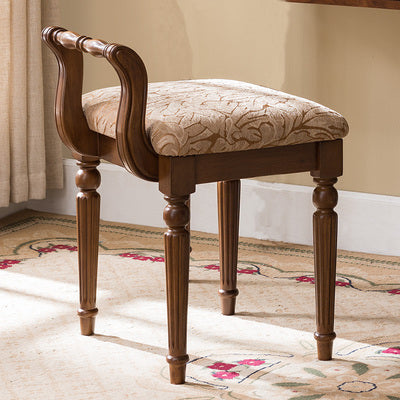 Classic Vintage Solid Wood Vanity Stool – Square Padded Seat with Patterned Upholstery and Low Back for the Bedroom